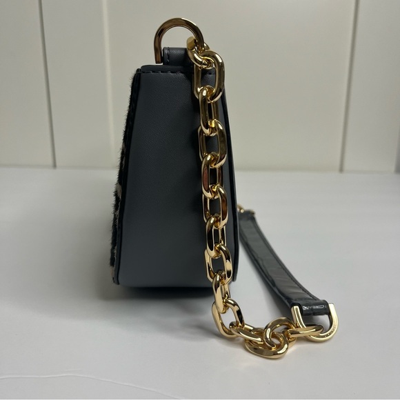 Michael Kors Carmen Small Gray Leather Leopard Haircalf Pouchette Handbag Purse - Picture 5 of 9